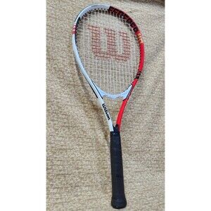 Wilson Federer 110 Adult Tennis Racket Red/White/Black + Sleeve Power Strings